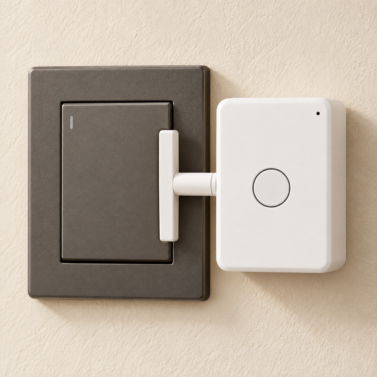 Supplier-reference AI visualization of white button pusher with circular button and T-shaped lever beside a rocker switch